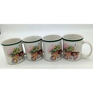 Vintage Century Stoneware Set of 4 CAT NAP 10 oz Coffee Mugs SUN FLOWERS Rare